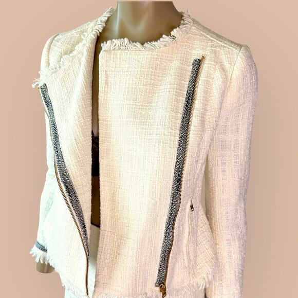 J. Crew Ivory Two Piece Suit Set Moto Jacket Skirt Women Size 2/4 Tweed Fringed - Picture 8 of 14